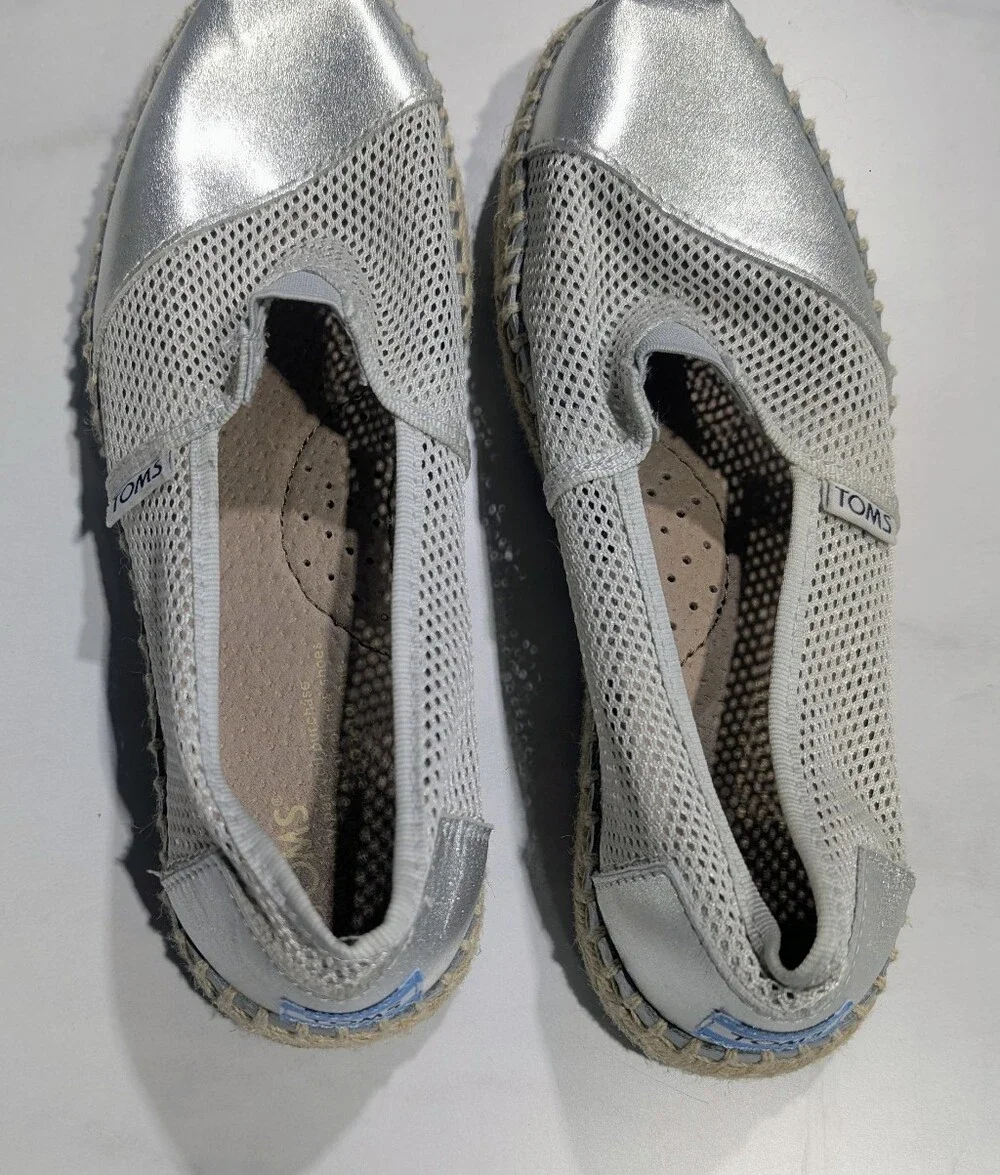 TOMS Women's Silver Mesh Espadrille Flats